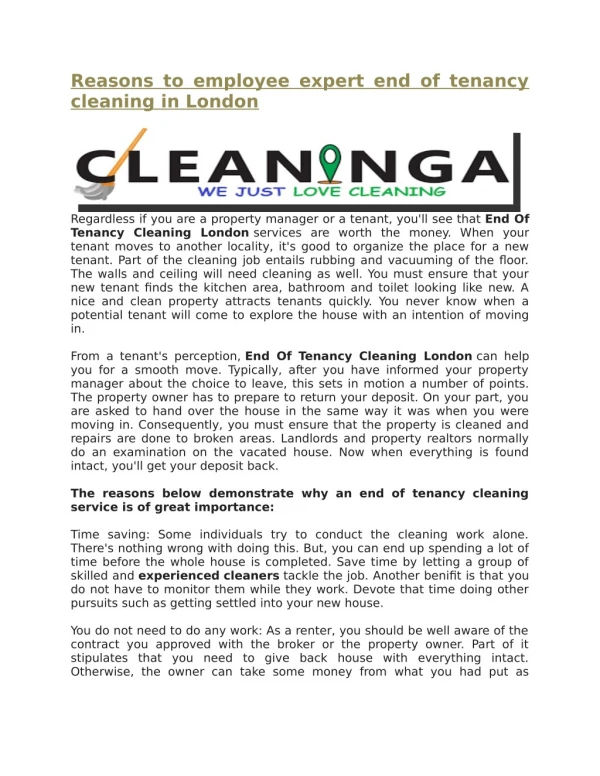 Reasons to employee expert end of tenancy cleaning in London