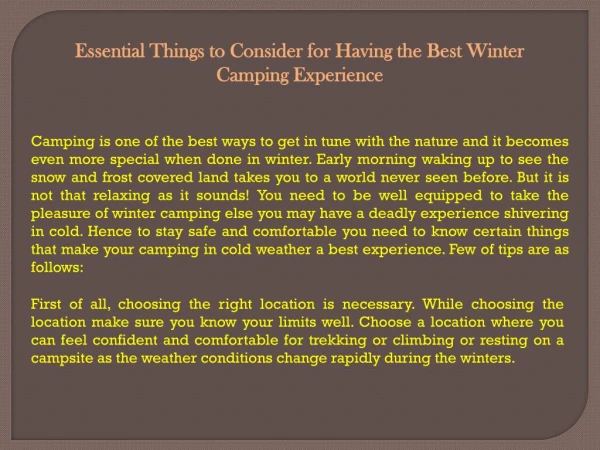 Essential Things to Consider for Having the Best Winter Camping Experience