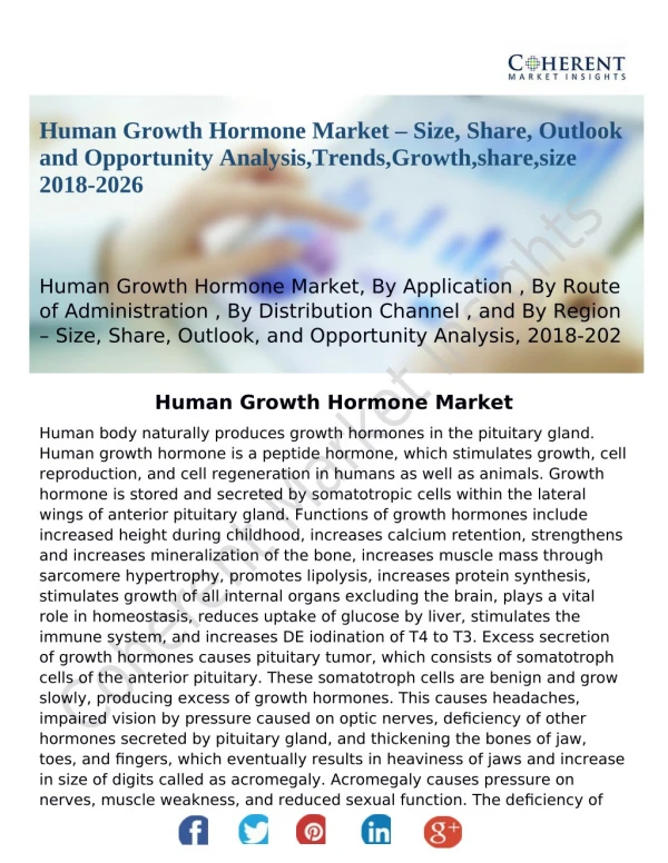 Human Growth Hormone Market – Size, Share, Outlook and Opportunity Analysis,Trends,Growth,share,size 2018-2026