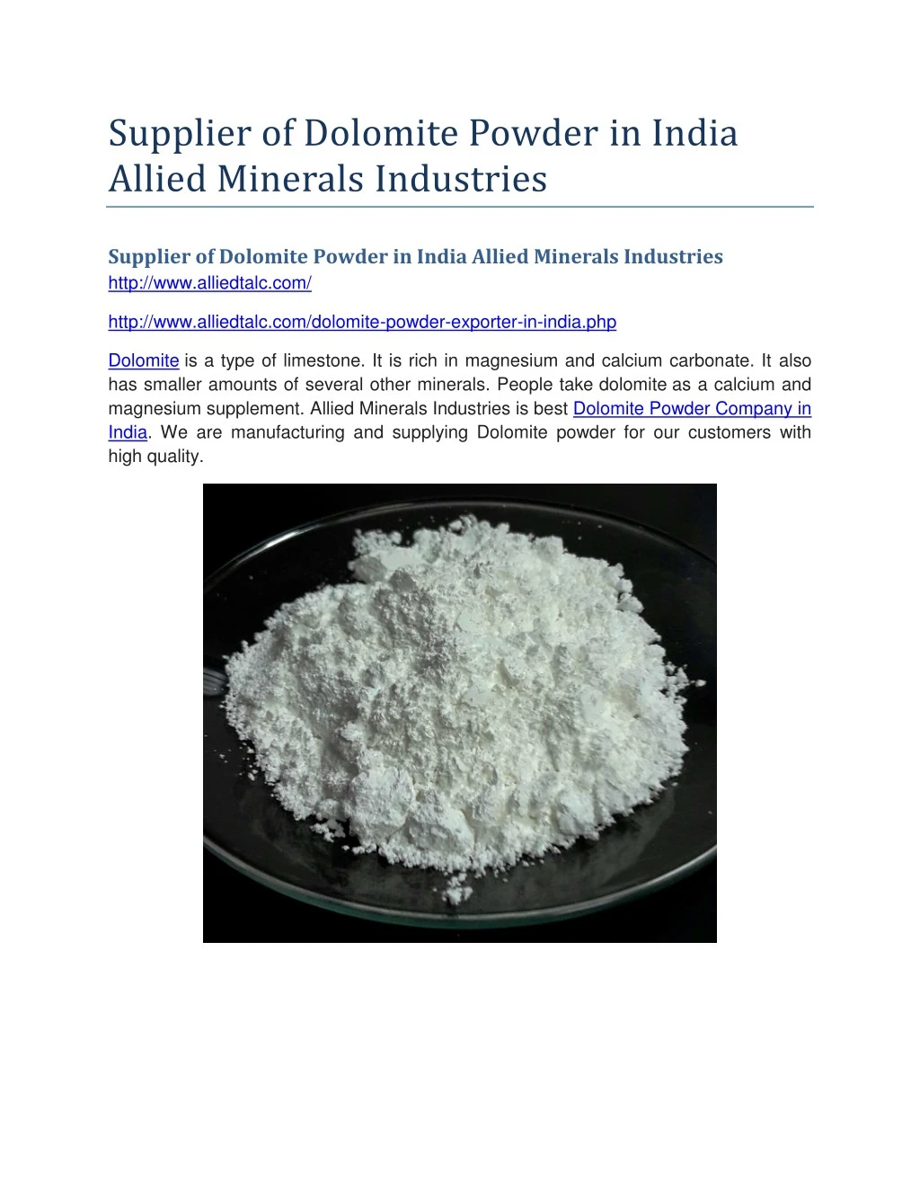 supplier of dolomite powder in india allied