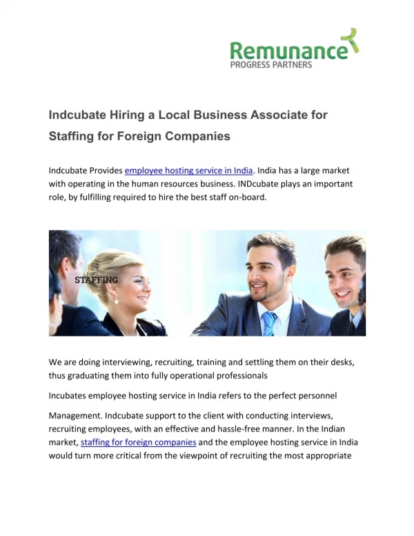 Indcubate hiring a local business associate for staffing for foreign companies