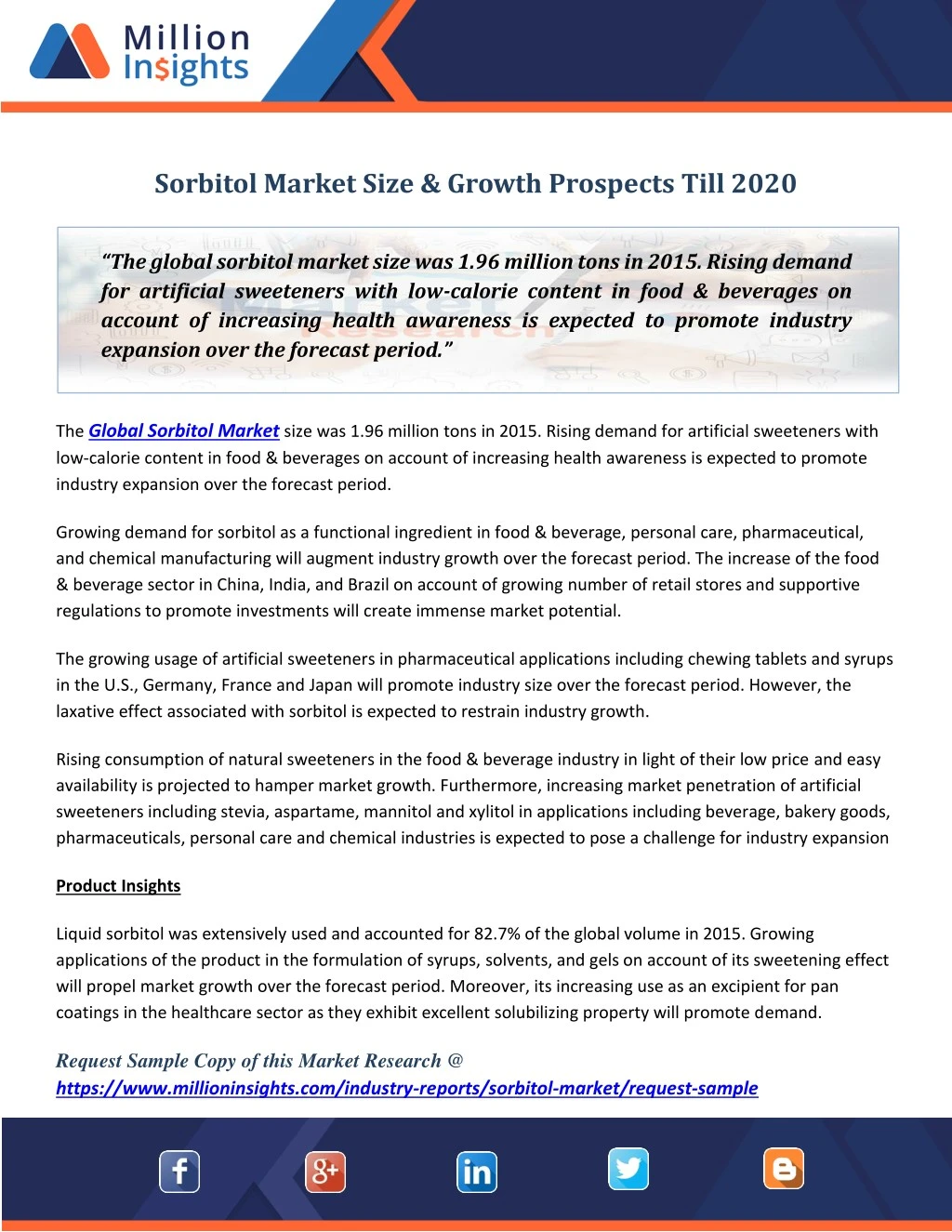 sorbitol market size growth prospects till 2020