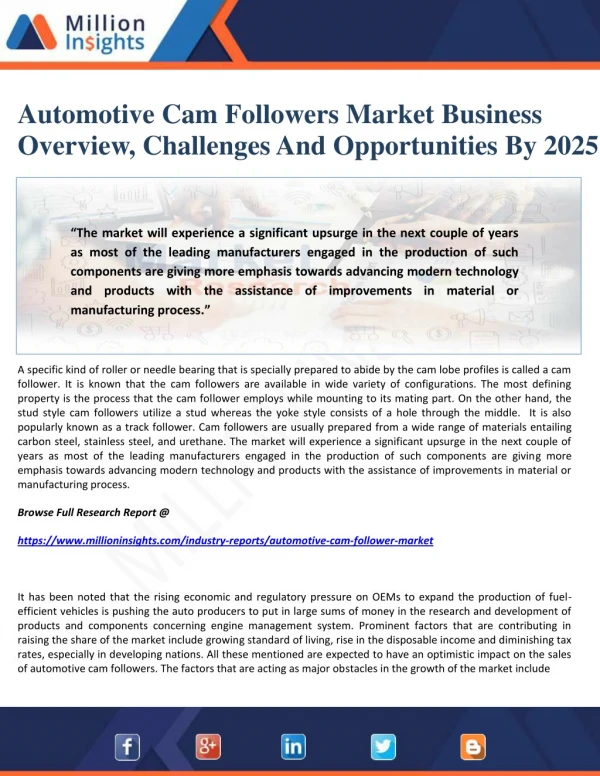 Automotive Cam Followers Market Business Overview, Challenges And Opportunities By 2025