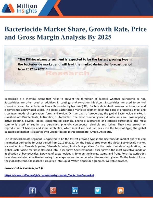 Bacteriocide Market Share, Growth Rate, Price and Gross Margin Analysis By 2025