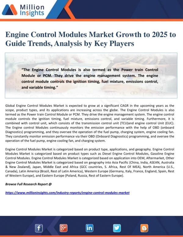 Engine Control Modules Market Growth to 2025 to Guide Trends, Analysis by Key Players
