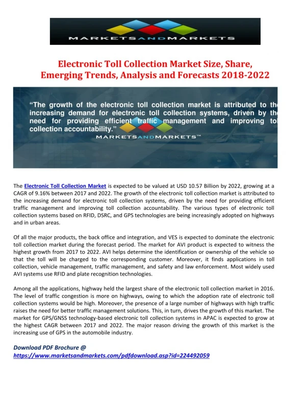Electronic Toll Collection Market Size, Share, Emerging Trends, Analysis and Forecasts 2018-2022
