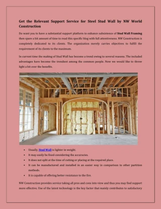 Get the Relevant Support Service for Steel Stud Wall by NW World Construction - slide 1