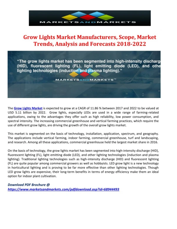 Grow Lights Market Manufacturers, Scope, Market Trends, Analysis and Forecasts 2018-2022