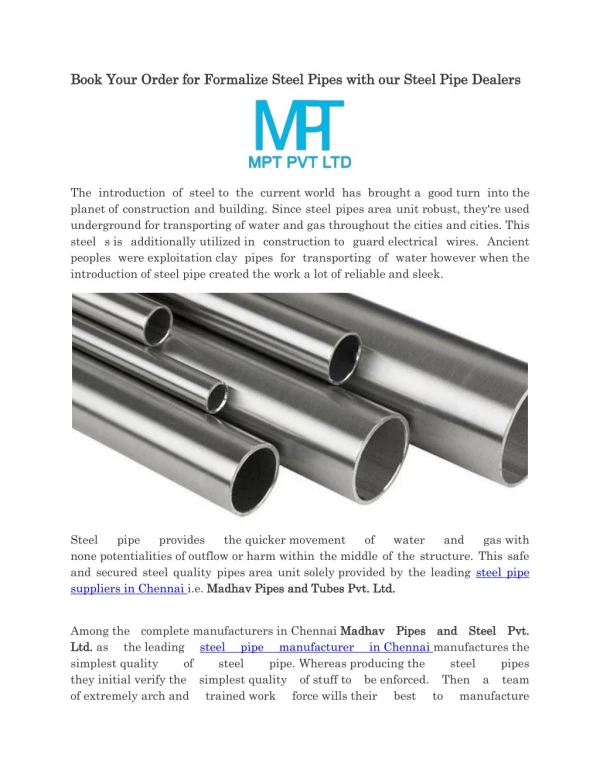 Book Your Order for Formalize Steel Pipes with our Steel Pipe Dealers