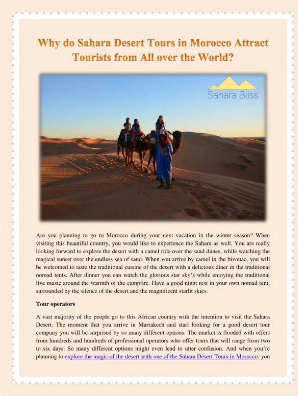 Why do Sahara Desert Tours in Morocco Attract Tourists from All over the World?