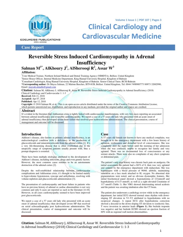 Reversible Stress Induced Cardiomyopathy in Adrenal Insufficiency