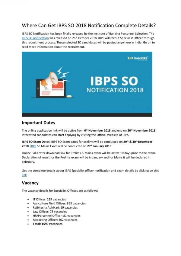 IBPS SO Notification 2018 Details