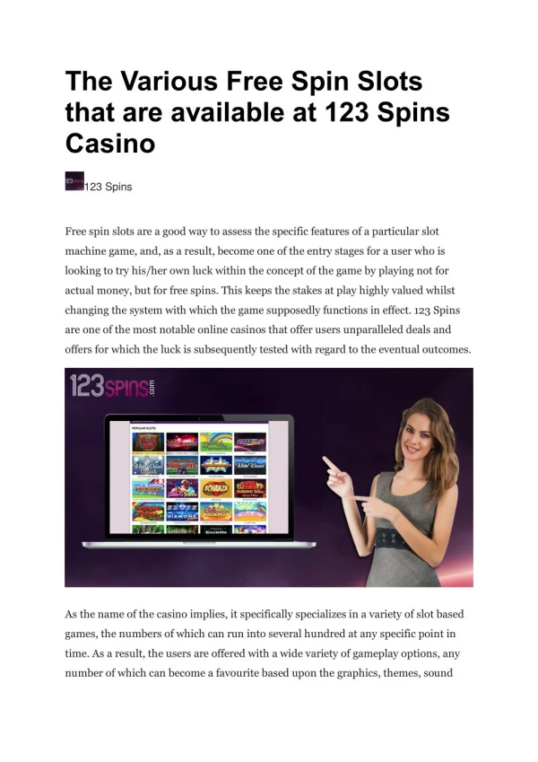 The Various Free Spin Slots that are available at 123 Spins Casino