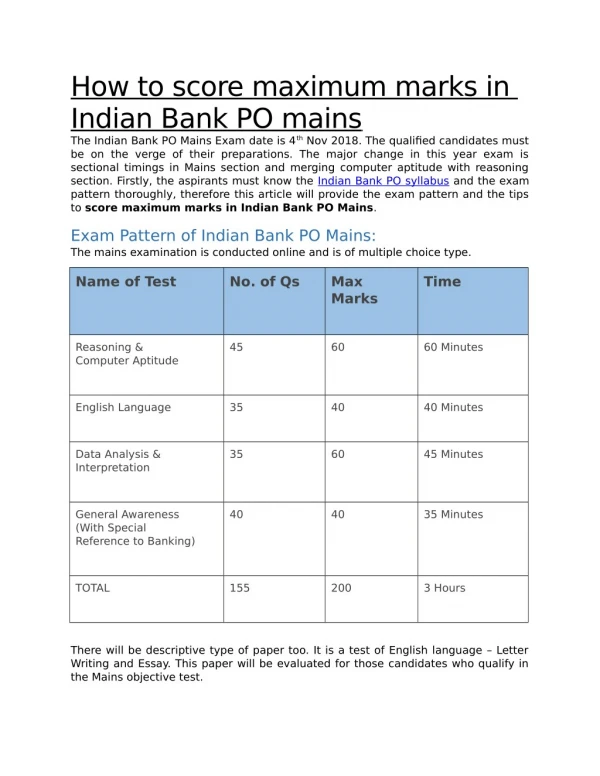 How to Score maximum marks in Indian Bank PO