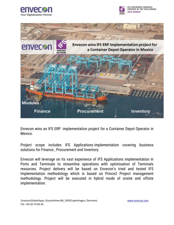 Envecon wins an IFS ERP implementation project for a Container Depot Operator in Mexico.