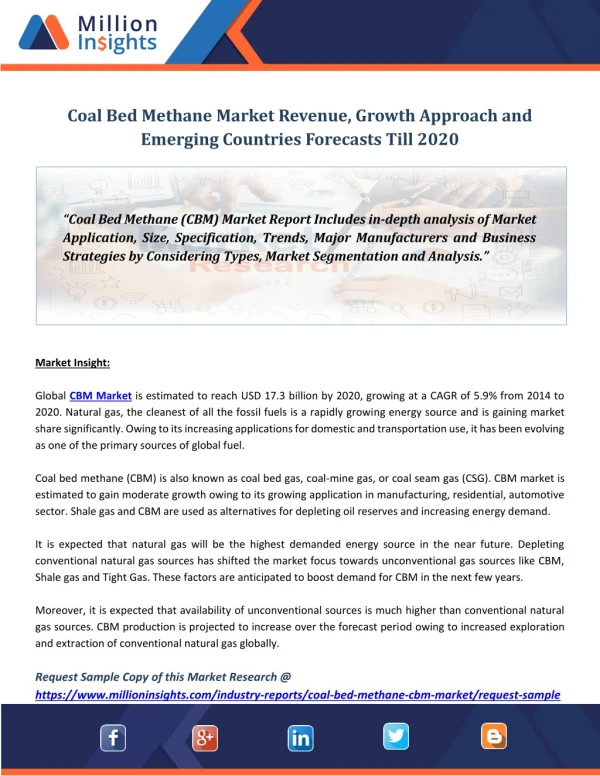 Coal Bed Methane Market Revenue, Growth Approach and Emerging Countries Forecasts Till 2020