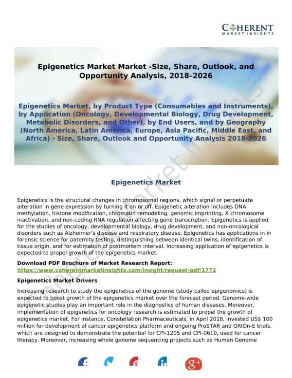 Epigenetics Market Market -Size, Share, Outlook, and Opportunity Analysis, 2018–2026