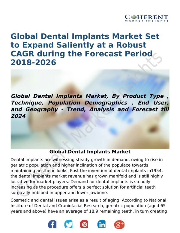 Global Dental Implants Market Set to Expand Saliently at a Robust CAGR during the Forecast Period 2018-2026