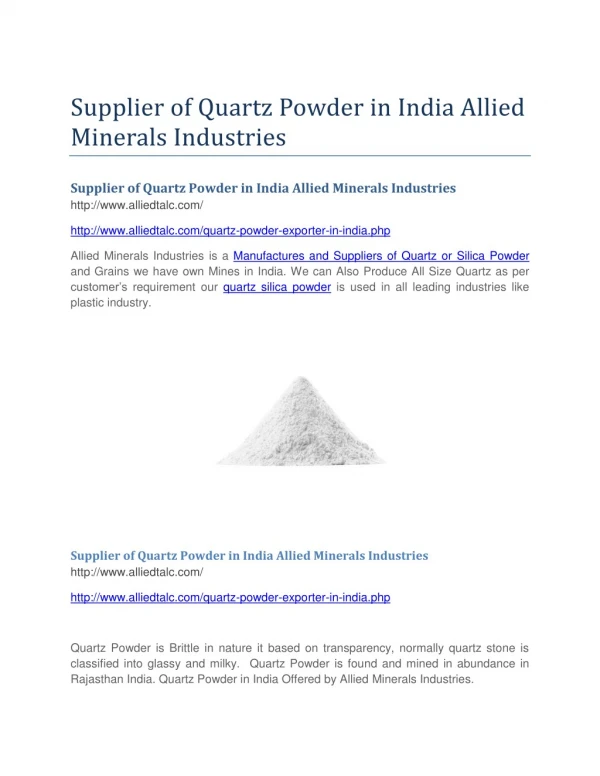 Supplier of Quartz Powder in India Allied Minerals Industries