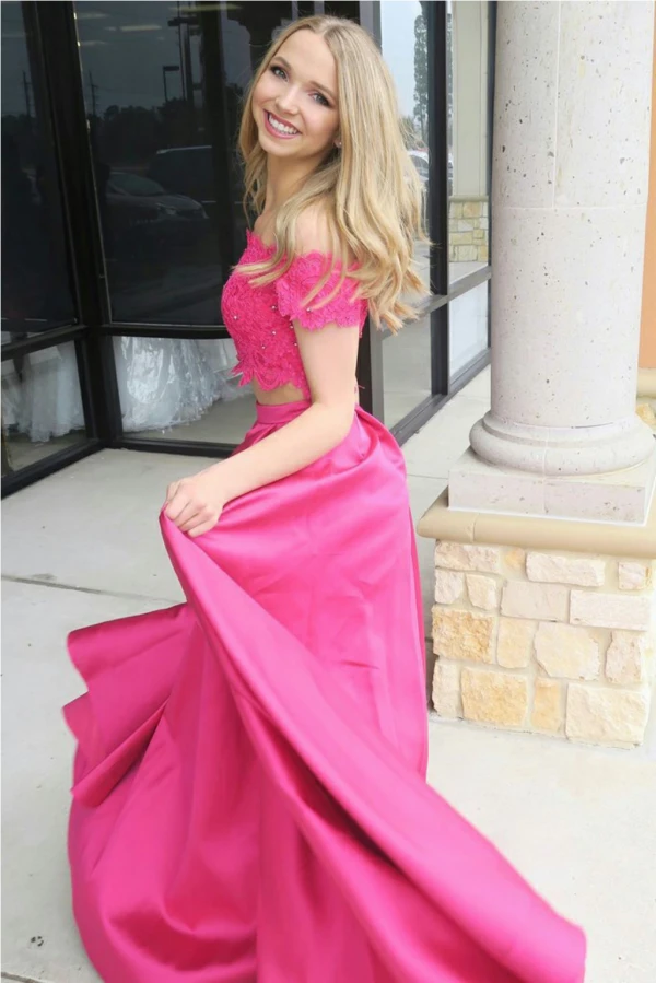 Fuchsia Off Shoulder Prom Dress with Lace, Two Piece Long Satin Formal Dresses N1154