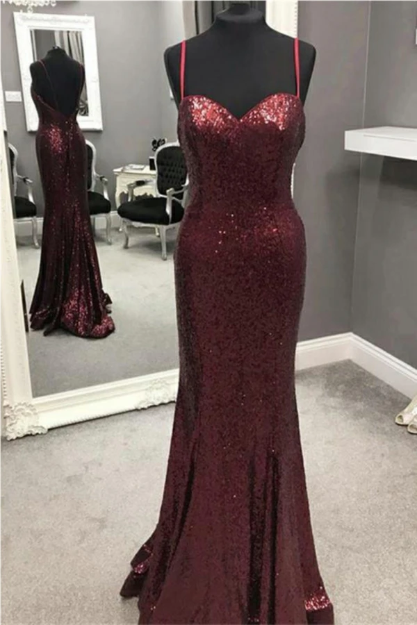 Spaghetti Strap Mermaid Sequined Prom Dress, Sparkly Floor Length Backless Evening Dress Spaghetti Strap Mermaid Sequin