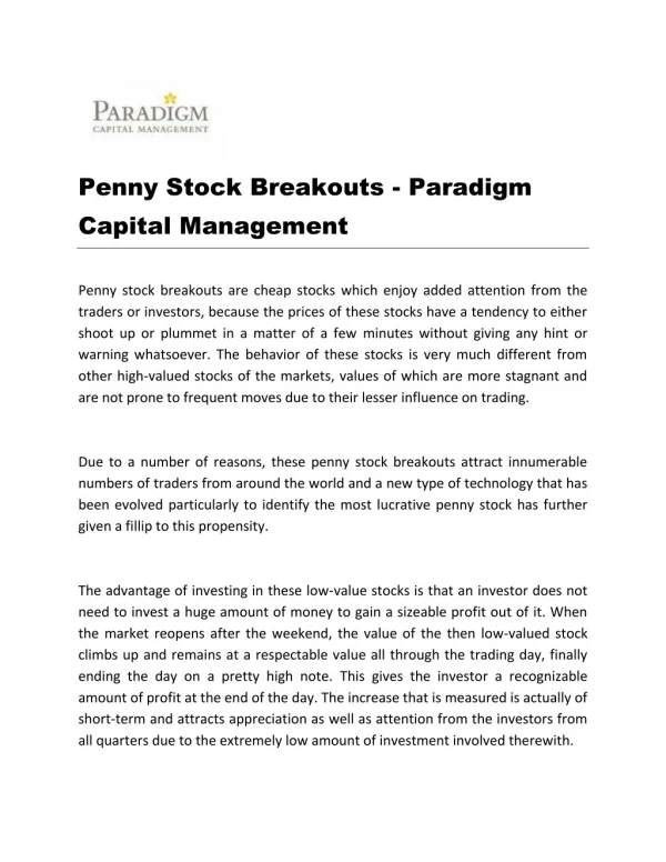 Penny Stock Breakouts - Paradigm Capital Management