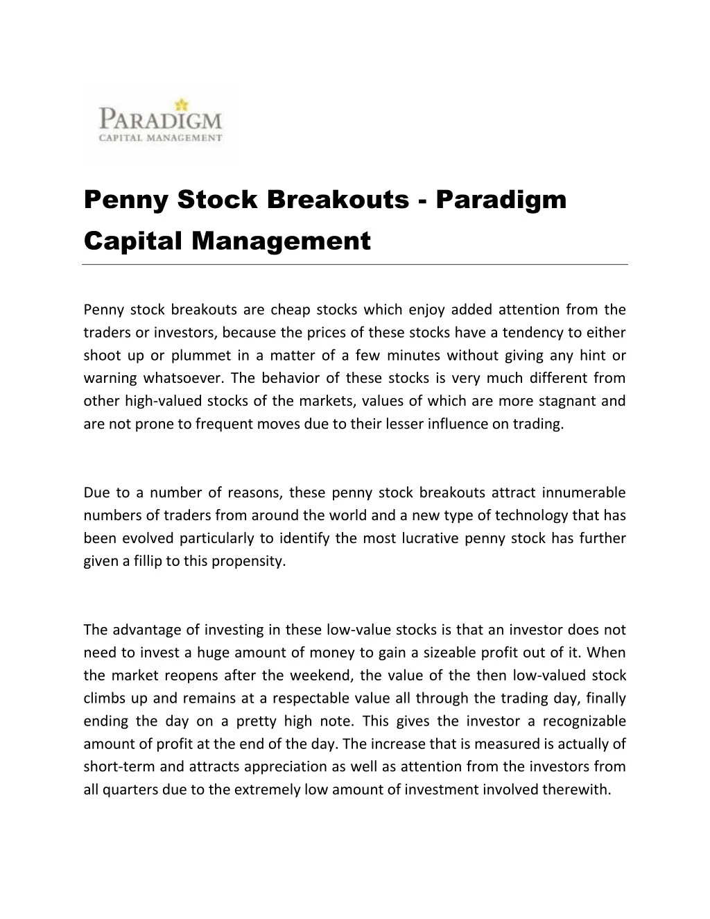 penny stock breakouts paradigm capital management