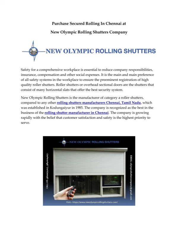 Purchase Secured Rolling In Chennai at New Olympic Rolling Shutters Company