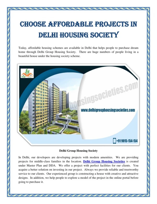 Choose Affordable Projects In Delhi Housing Society
