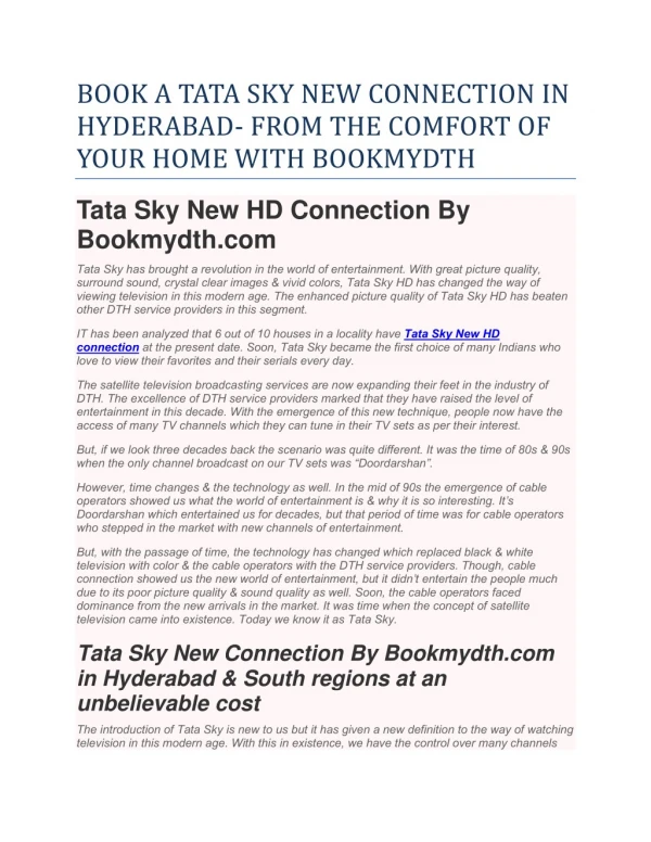 Book A Tata Sky New Connection Inhyderabad- From The Comfort Ofyour Home With Bookmydth