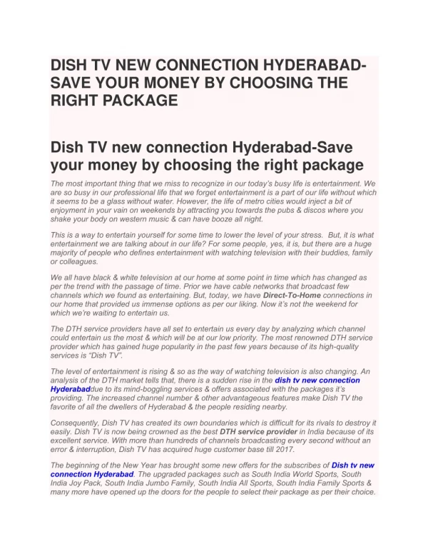 Dish Tv New Connection Hyderabad save Your Money By Choosing The Right Package