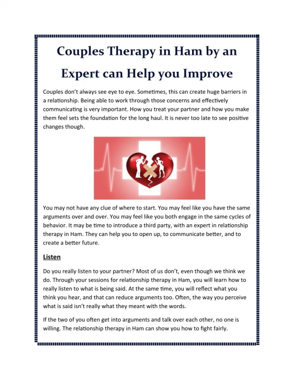 Couples Therapy in Ham by an Expert can Help you Improve