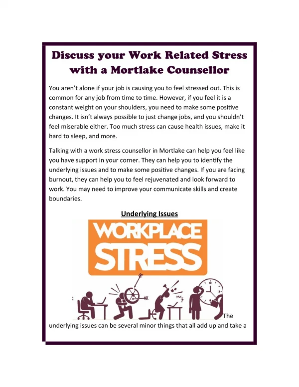 Discuss your Work Related Stress with a Mortlake Counsellor