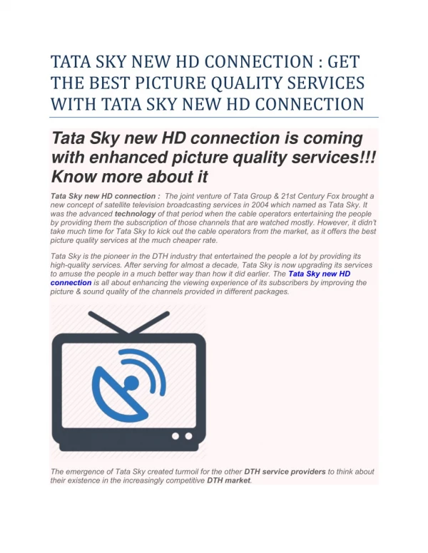 Tata Sky New Hd Connection : Get The Best Picture Quality Services With Tata Sky New Hd Connection