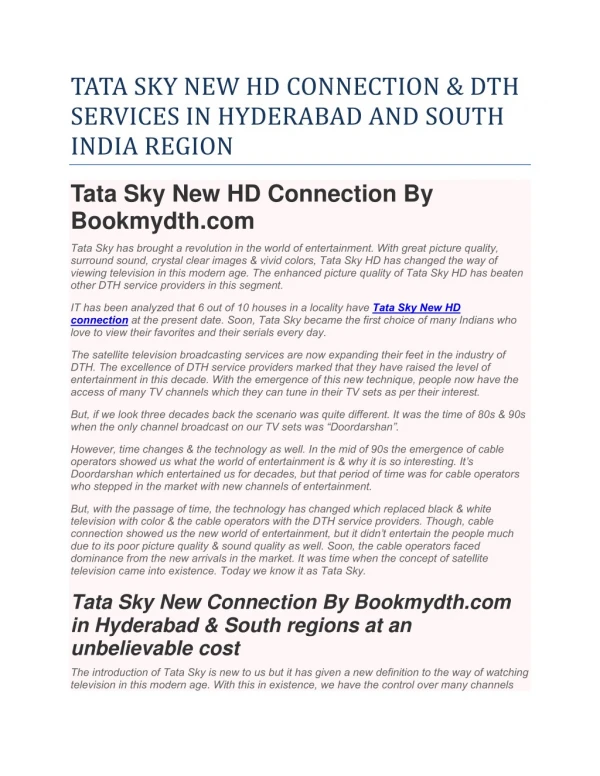Tata Sky New Hd Connection & Dth Services In Hyderabad And South India Region