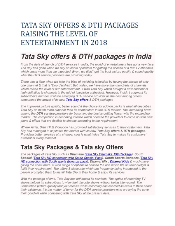 Tata Sky Offers & Dth Packages Raising The Level Of Entertainment In 2018
