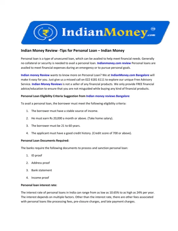 Indian Money Review -Tips for Personal Loan – Indian Money
