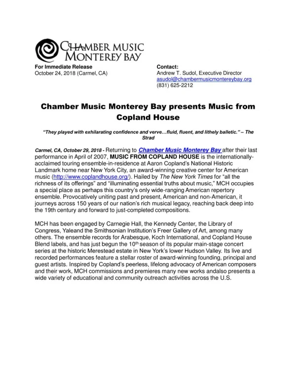 Chamber Music Monterey Bay presents Music from Copland House