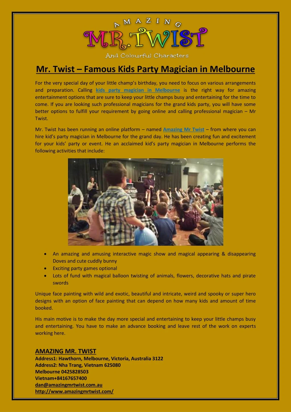 mr twist famous kids party magician in melbourne