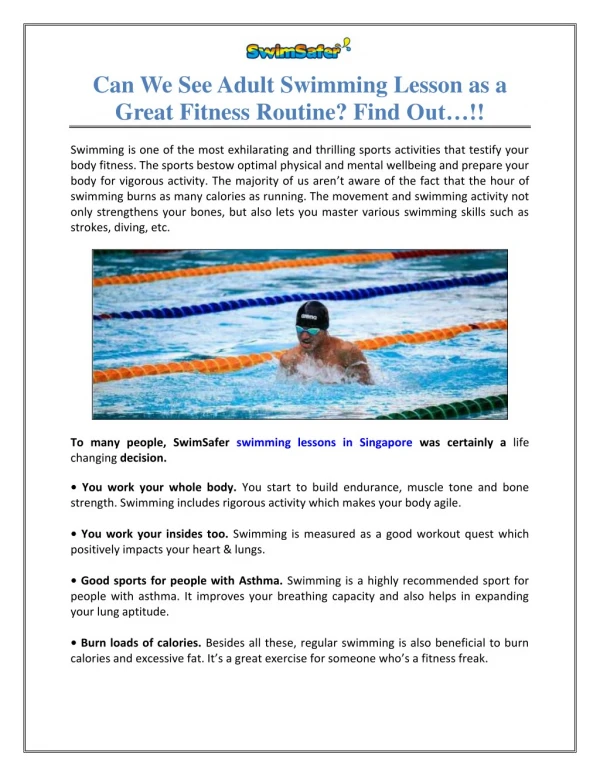 Can We See Adult Swimming Lesson as a Great Fitness Routine? Find Out…!!