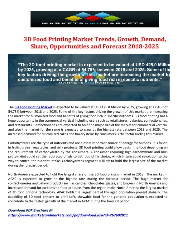 3D Food Printing Market Trends, Growth, Demand, Share, Opportunities and Forecast 2018-2025