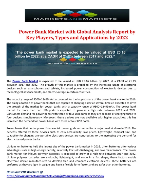 Power Bank Market with Global Analysis Report by Key Players, Types and Applications by 2022
