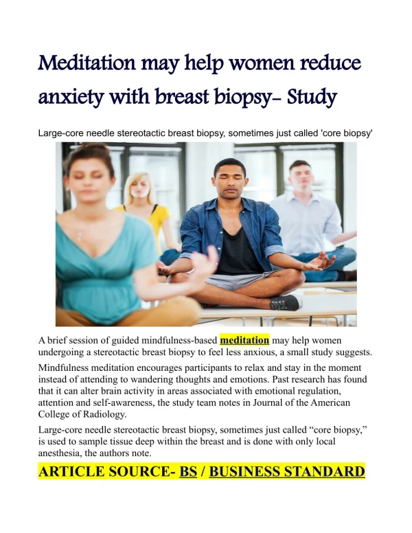 Meditation may help women reduce anxiety with breast biopsy: Study