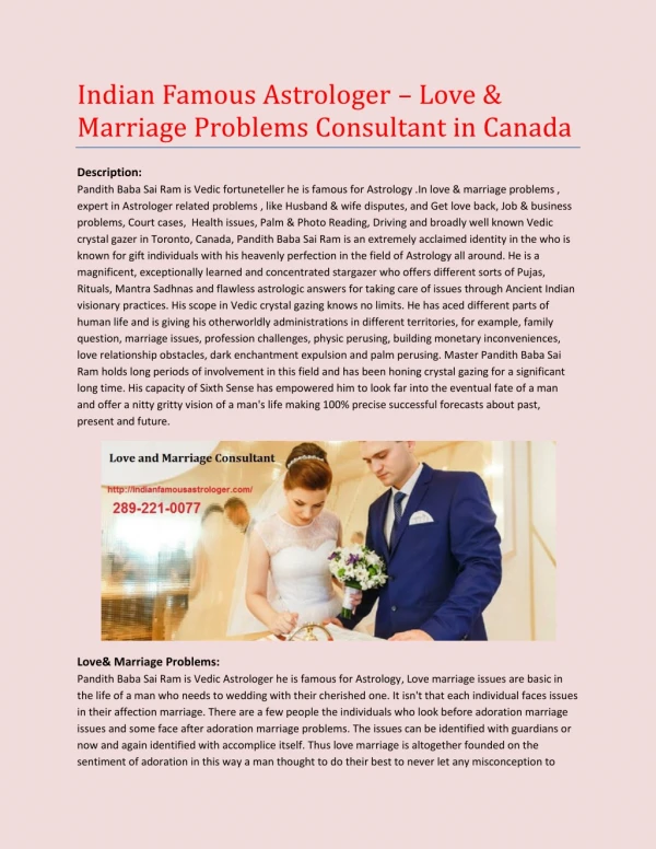 Indian Famous Astrologer – Love & Marriage Problems Consultant in Canada