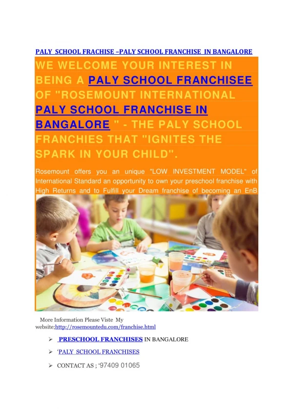 paly school franchise in bangalore \ paly franchise