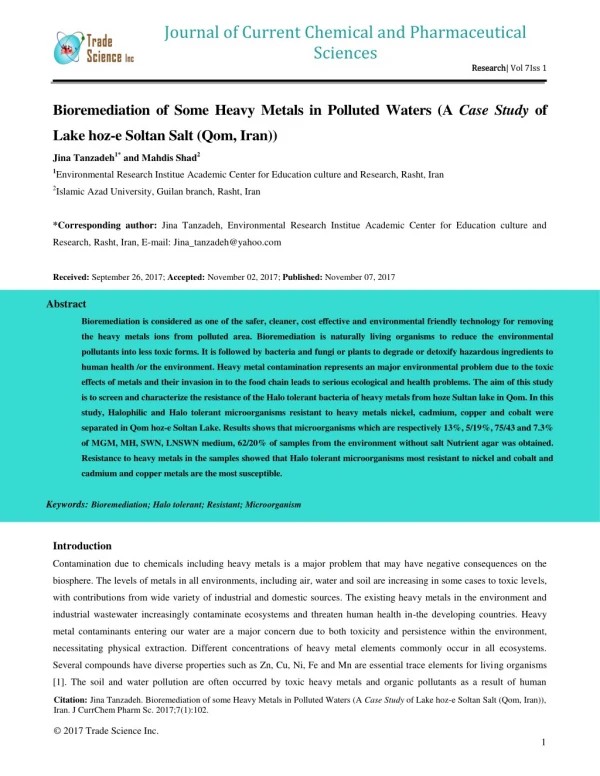 Bioremediation of Some Heavy Metals in Polluted Waters (A Case Study of Lake hoz-e Soltan Salt (Qom, Iran))