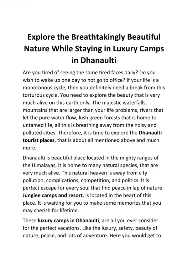 Luxury Camps in Dhanaulti | Junglee Resort