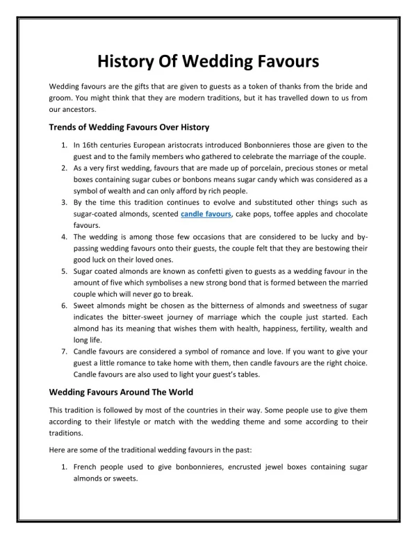 History Of Wedding Favours