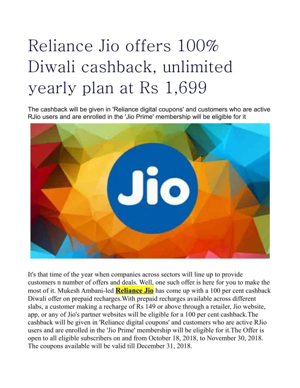 Reliance Jio offers 100% Diwali cashback, unlimited yearly plan at Rs 1,699