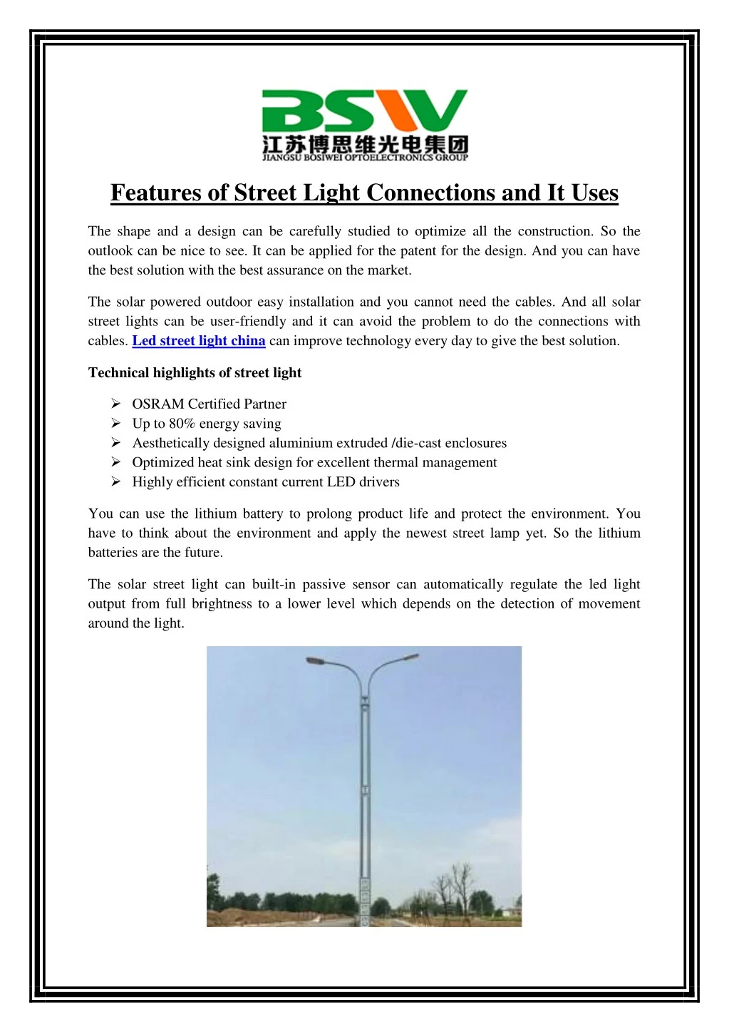 features of street light connections and it uses